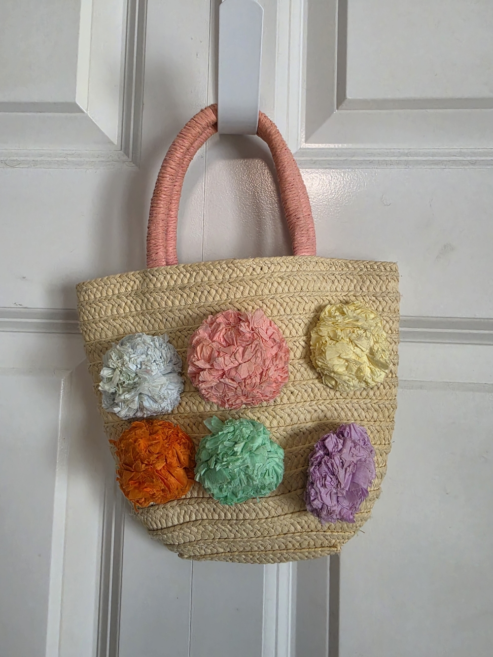 Target Straw Kids Tote with Pink Handle and Multicolor Flower Poms
